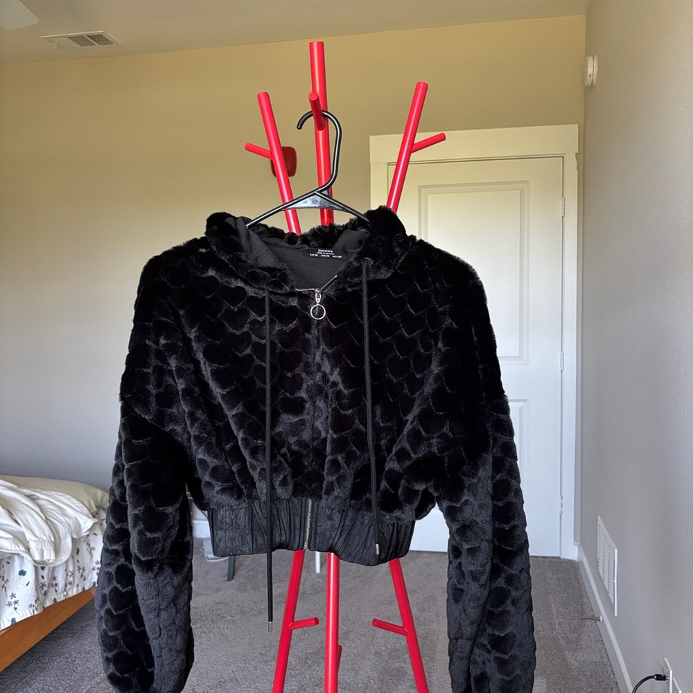 Bershka Black Faux Fur Hooded Zip Jacket